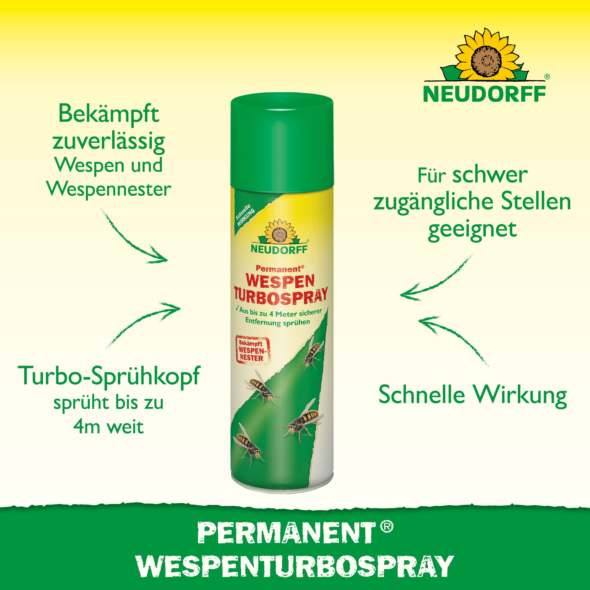 Mit dem Permanent WespenTurbospray von Neudorff bekämpft man zuverlässig Wespen und Wespennester auch an schwer zugänglichen Stellen