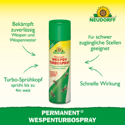 Mit dem Permanent WespenTurbospray von Neudorff bekämpft man zuverlässig Wespen und Wespennester auch an schwer zugänglichen Stellen