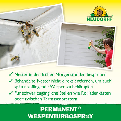 Du suchst ein wirksames Mittel zur Bekämpfung von Wespen oder einem Wespennest? Permanent WespenTurbospray von Neudorff bekämpft Wespen auch an schwer zugänglichen Stellen schnell und zuverlässig