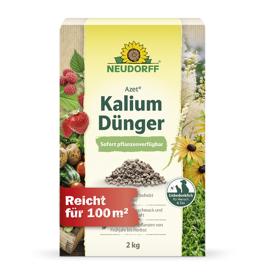Du wünscht dir knackiges, aromatisches Gemüse und gesunde Pflanzen? Der natürlich vegane Azet Kaliumdünger von Neudorff verbessert sowohl Geschmack als auch Lagerfähigkeit der Ernte