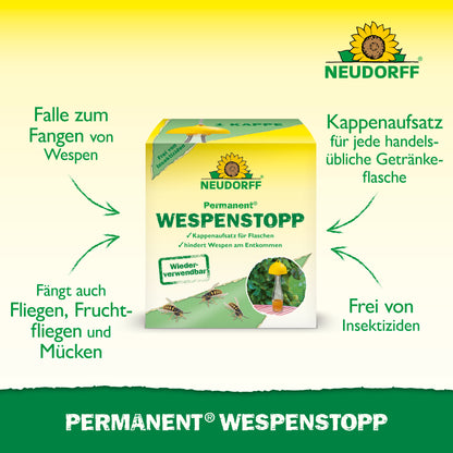 Mit dem praktischen Permanent Wespenstopp Aufsatz von Neudorff für handelsübliche Flaschen fängst du Wespen, Fliegen, Fruchtfliegen und Mücken zuverlässig