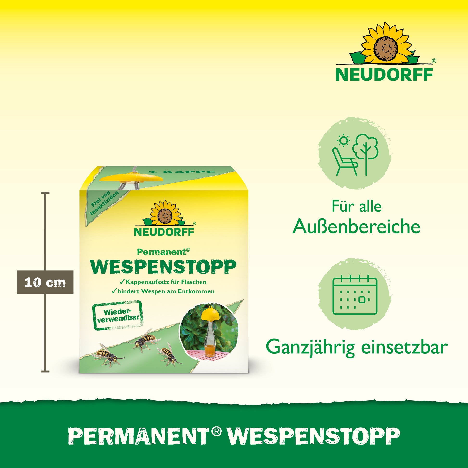 Mit dem praktischen Permanent Wespenstopp Aufsatz von Neudorff  fängst du Wespen, Fruchtfliegen, Fliegen und Mücken im Außenbereich zuverlässig ein