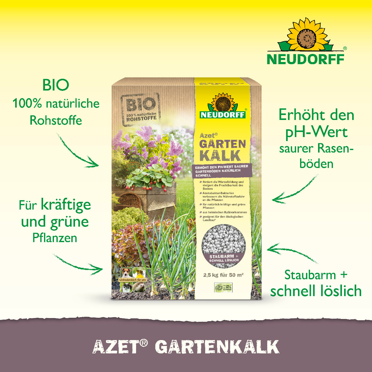 Azet Gartenkalk von Neudorff mit 100% natürlichen Rohstoffen erhöht den PH-Wert saurer Böden für kräftige, grüne Pflanzen 