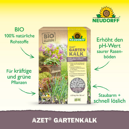 Azet Gartenkalk von Neudorff mit 100% natürlichen Rohstoffen erhöht den PH-Wert saurer Böden für kräftige, grüne Pflanzen 
