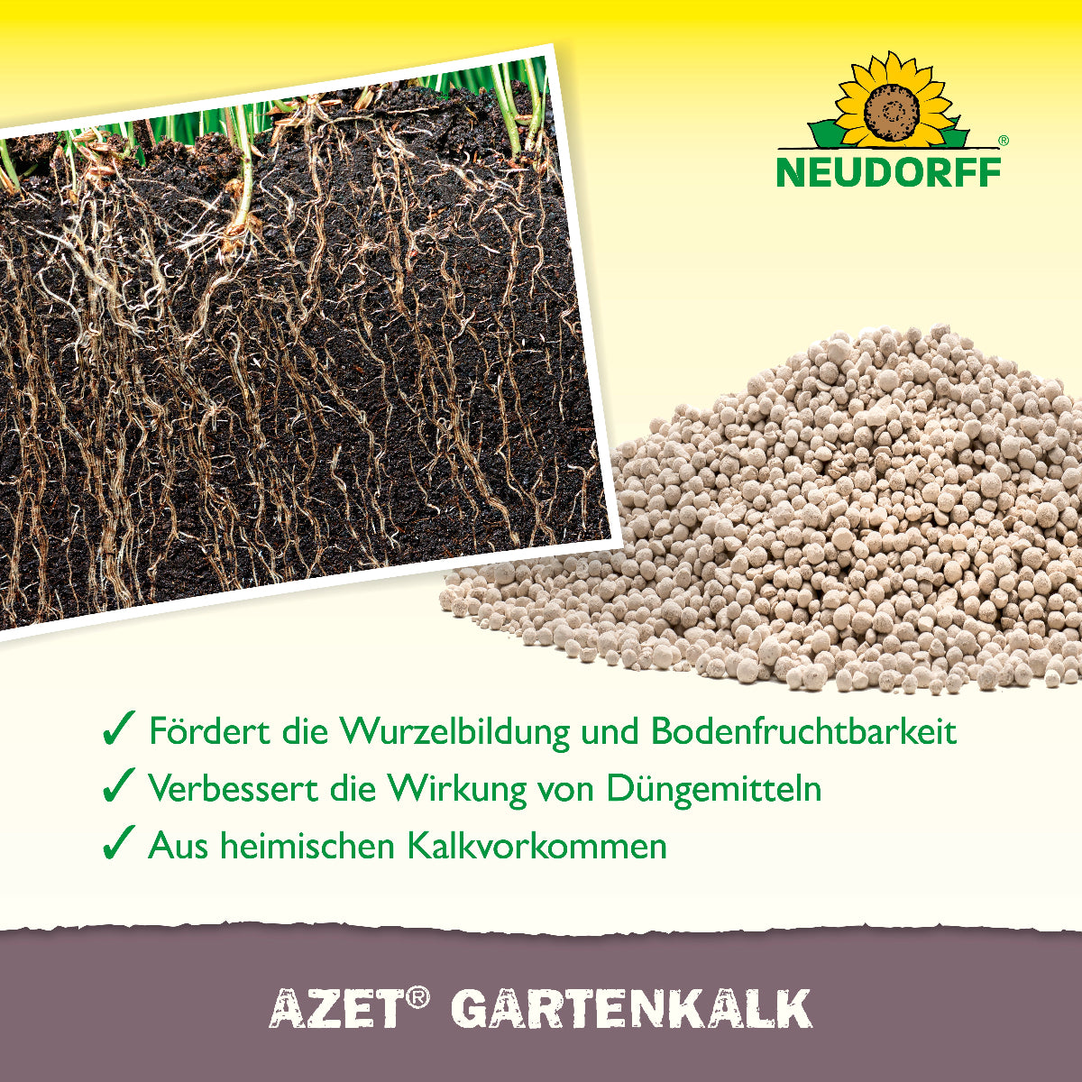 Azet Gartenkalk von Neudorff fördert die Wurzelbildung und Bodenfruchtbarkeit, verbessert die Wirkung von Düngemitteln und neutralisiert saure Böden