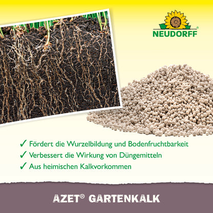 Azet Gartenkalk von Neudorff fördert die Wurzelbildung und Bodenfruchtbarkeit, verbessert die Wirkung von Düngemitteln und neutralisiert saure Böden