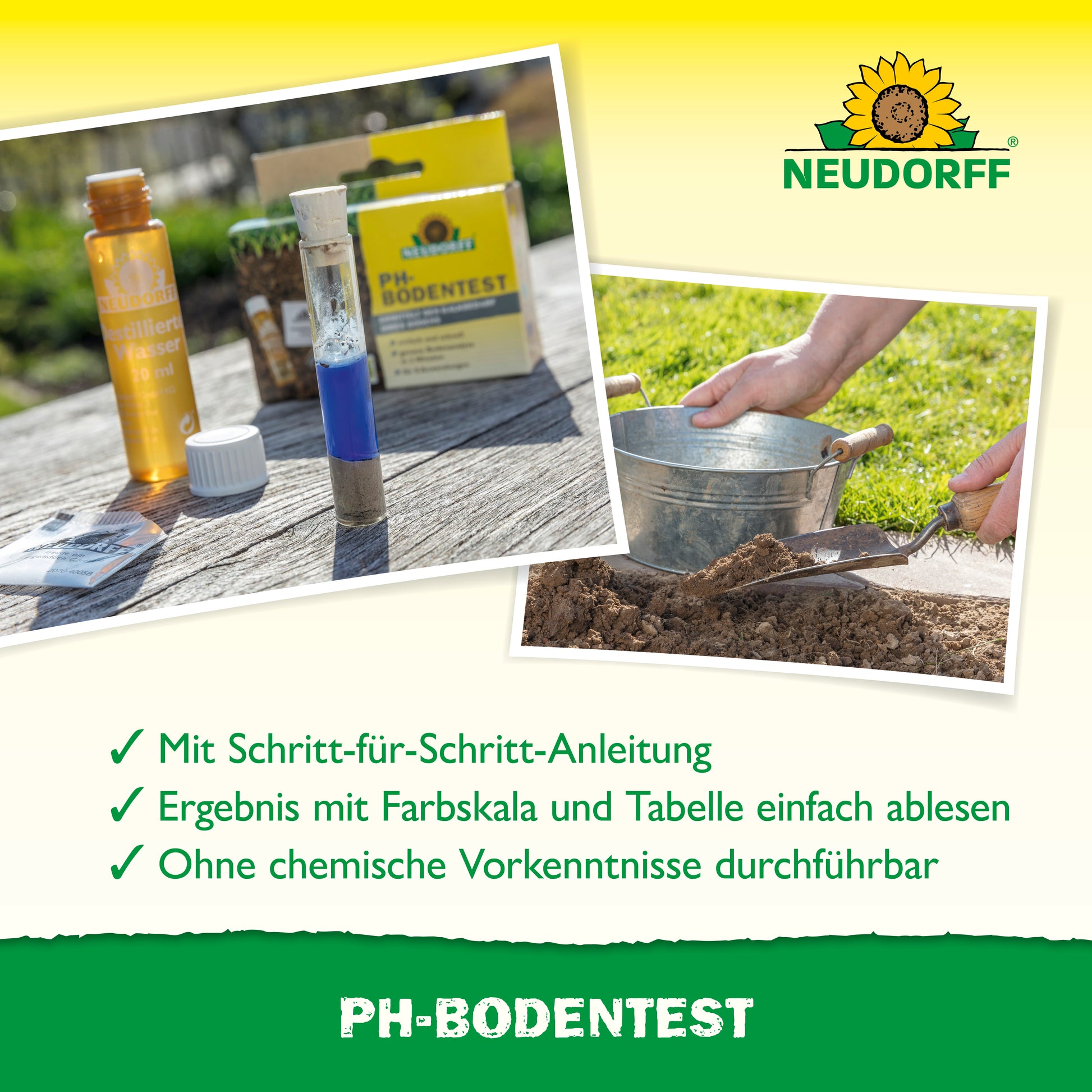Erdbodenanalyse mit Schritt für Schritt Anleitung mit dem PH-Bodentest von Neudorff