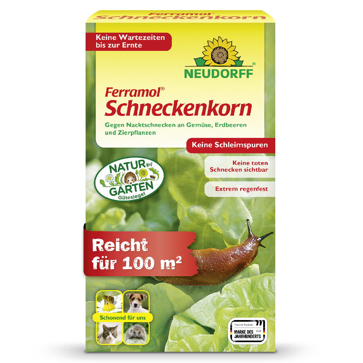 Neudorff Ferramol Schneckenkorn gegen Nacktschnecken für bis zu 100 m² an Gemüse, Erdbeeren und Zierpflanzen für eine sofortige Ernte nach der Anwendung, hoher Regenfestigkeit und sauberer Wirkung ohne Schleimspuren und sichtbar tote Tiere