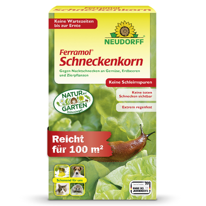 Neudorff Ferramol Schneckenkorn gegen Nacktschnecken für bis zu 100 m² an Gemüse, Erdbeeren und Zierpflanzen für eine sofortige Ernte nach der Anwendung, hoher Regenfestigkeit und sauberer Wirkung ohne Schleimspuren und sichtbar tote Tiere