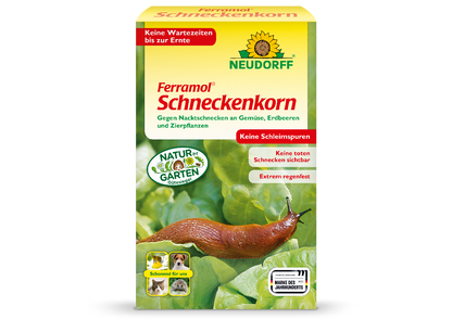 Neudorff Ferramol Schneckenkorn gegen Nacktschnecken an Gemüse, Erdbeeren und Zierpflanzen für eine sofortige Ernte nach der Anwendung, hoher Regenfestigkeit und sauberer Wirkung ohne Schleimspuren und sichtbar tote Tiere