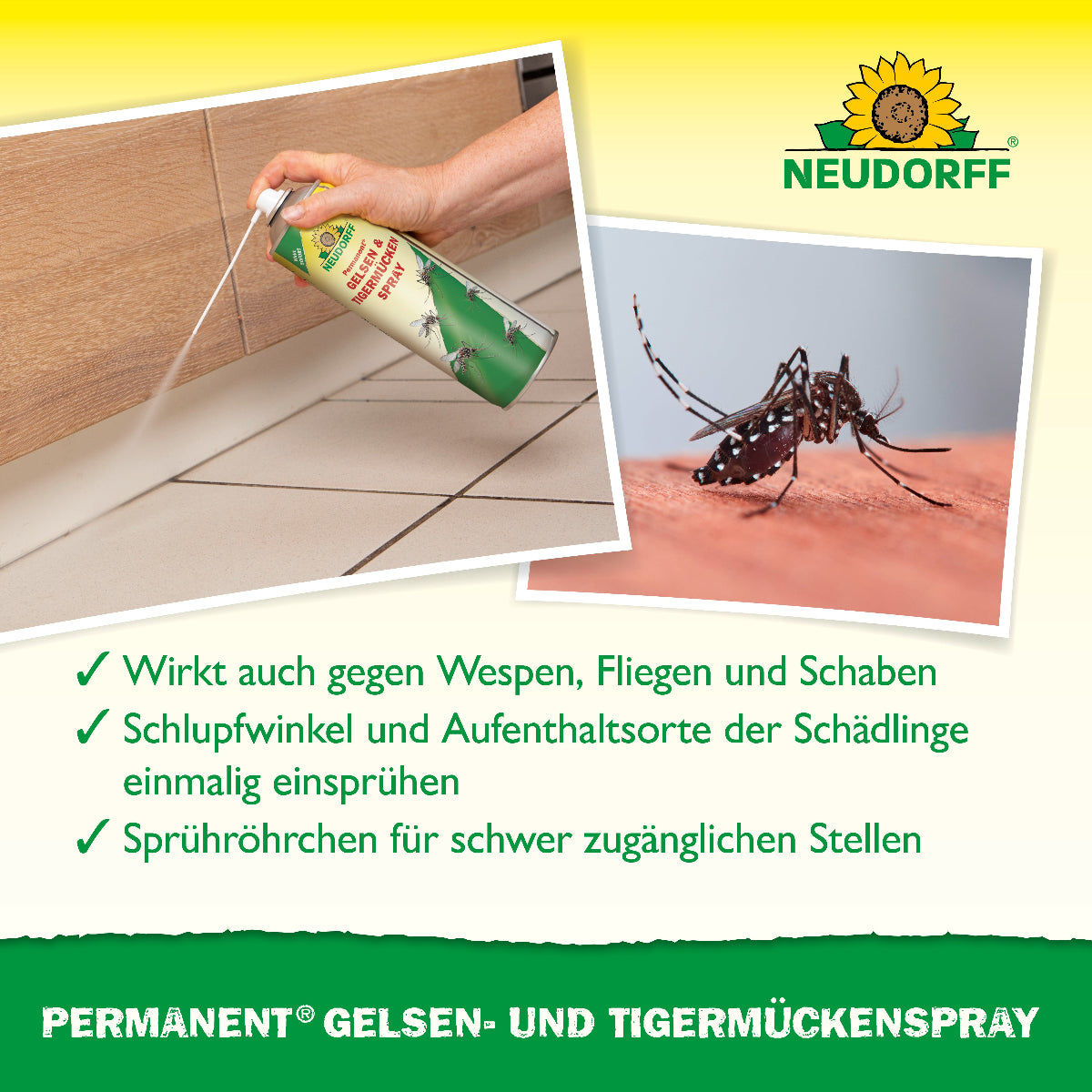 Permanent Gelsen- und Tigermückenspray von Neudorff wirkt laut Bild auch gegen Schaben, Wespen und Fliegen und hat ein Sprühröhrchen für schwer zugängliche Stellen