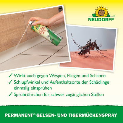 Permanent Gelsen- und Tigermückenspray von Neudorff wirkt laut Bild auch gegen Schaben, Wespen und Fliegen und hat ein Sprühröhrchen für schwer zugängliche Stellen